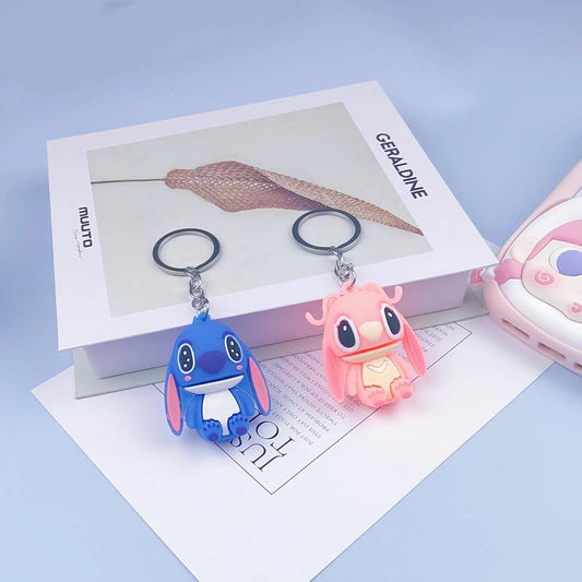 New Style Stitch Car Keychain couple Cartoon Anime Animal 3D Soft Silicone PVC Key Ring Lovers Gift Rubber Key Holder .. (2 pcs set )