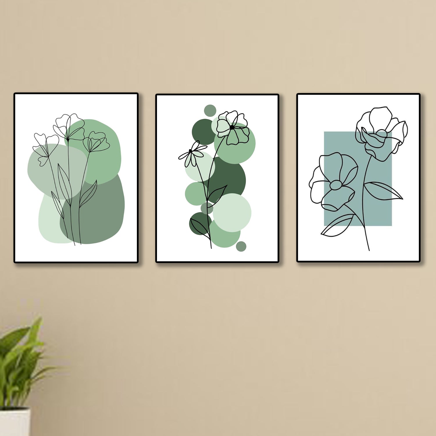 set of 3 abstract plant art wooden canvas frames for wall decore / sticky phototiles for home and office