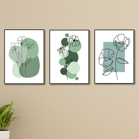 set of 3 abstract plant art wooden canvas frames for wall decore / sticky phototiles for home and office