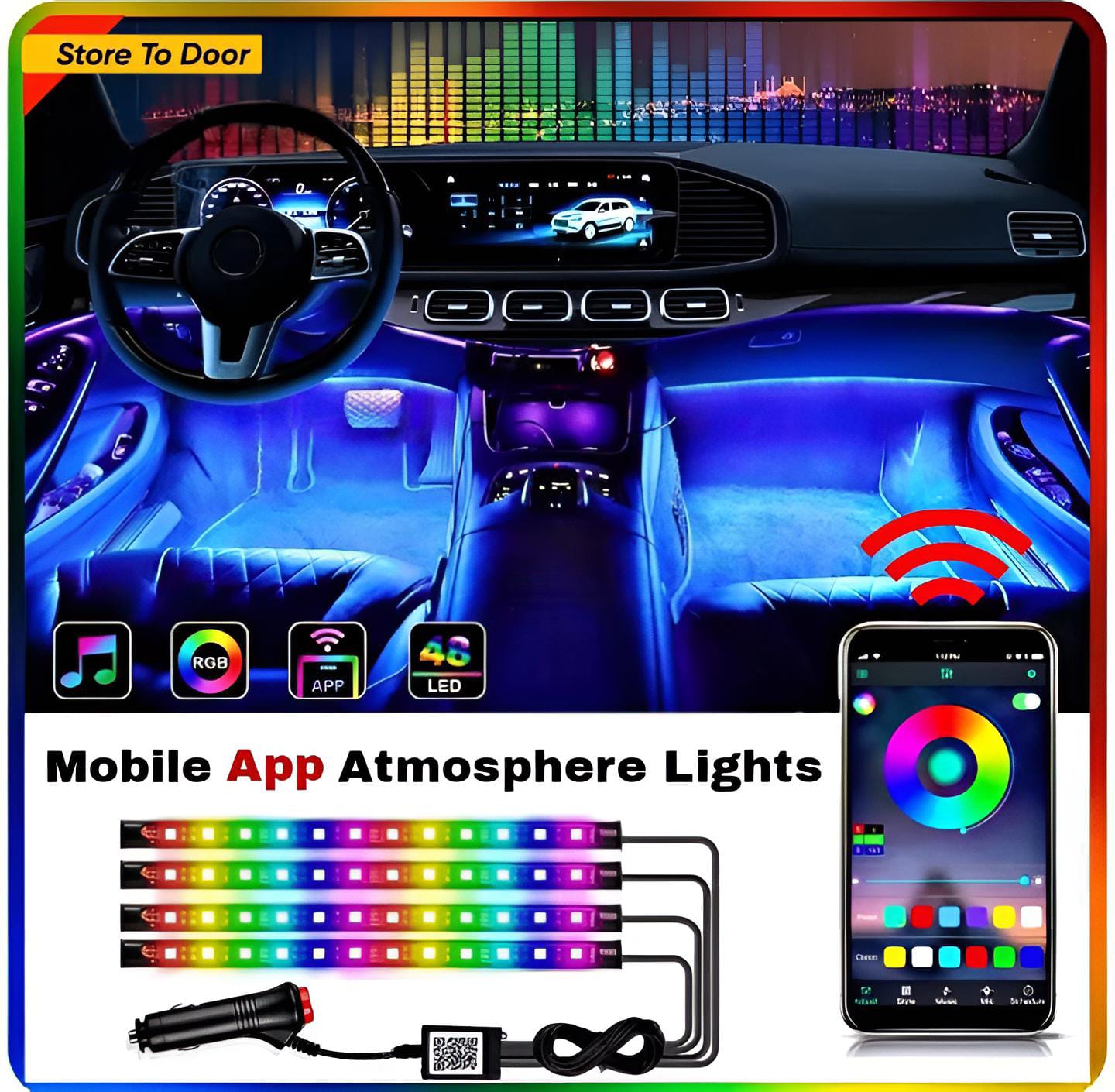 1set Car Rgb 48led Strip 5050smd 12w Decorative Auto Atmosphere Pathway Interior Ambient( Bluetooth Light)