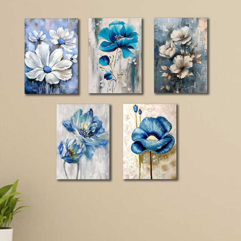 Set of 5 Blue Flowers Wall Art Wooden Frames for Home Decoration / Sticky Photo Tiles