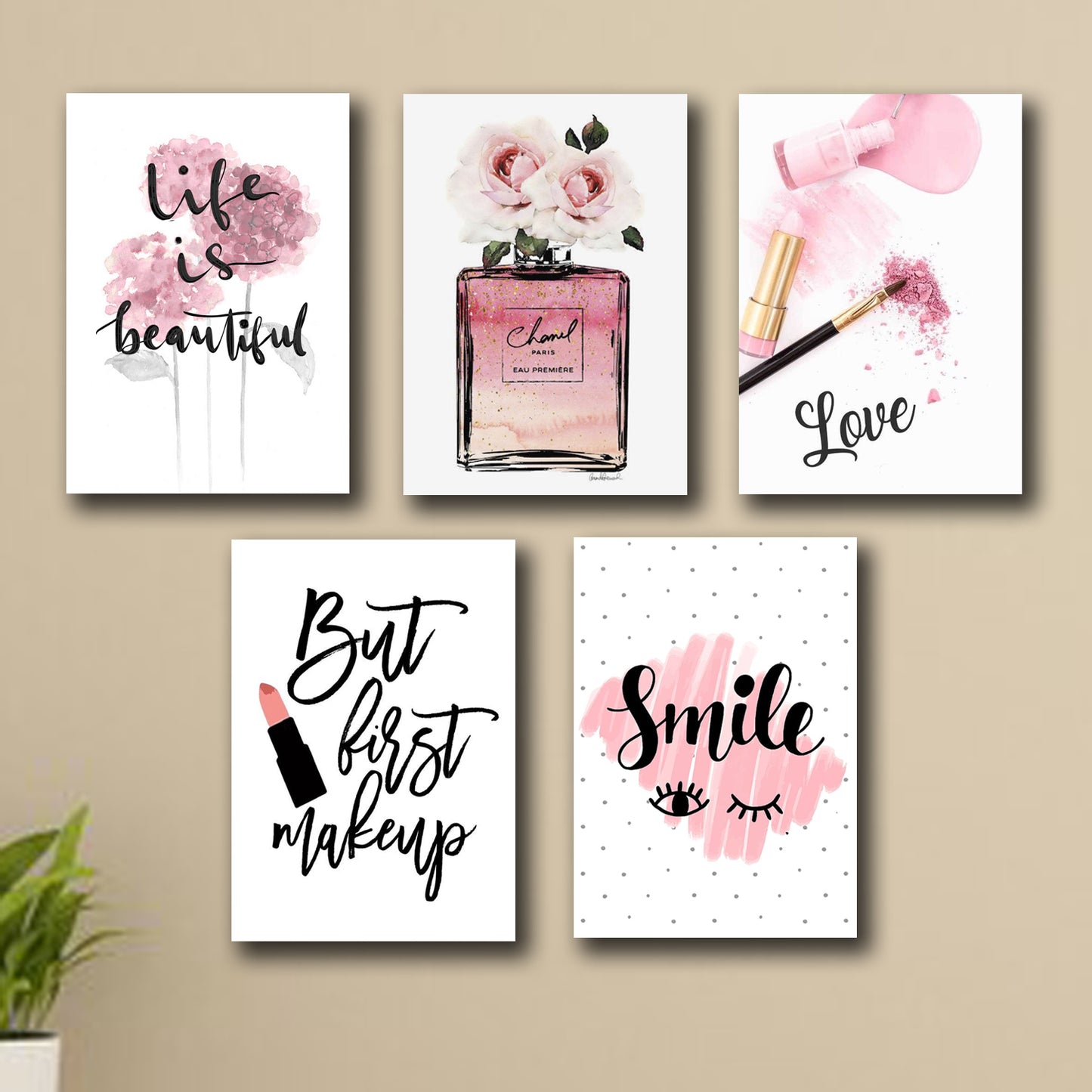 set of 5 make up themed girls room decore wall art wooden sticky Phototile frames