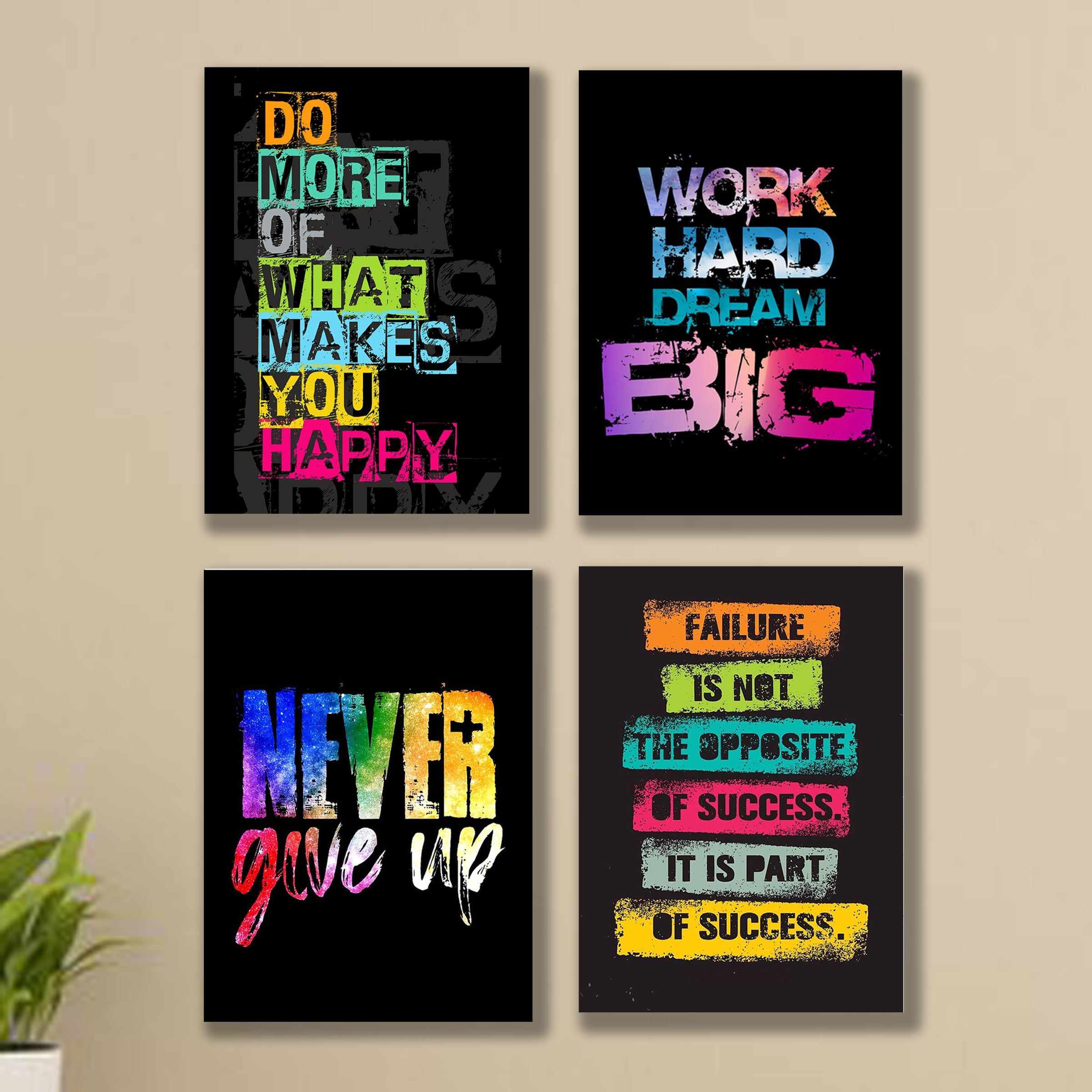 set of 4 Motivational sticky canvas frames for wall decore / sticky phototiles for office and home workplace