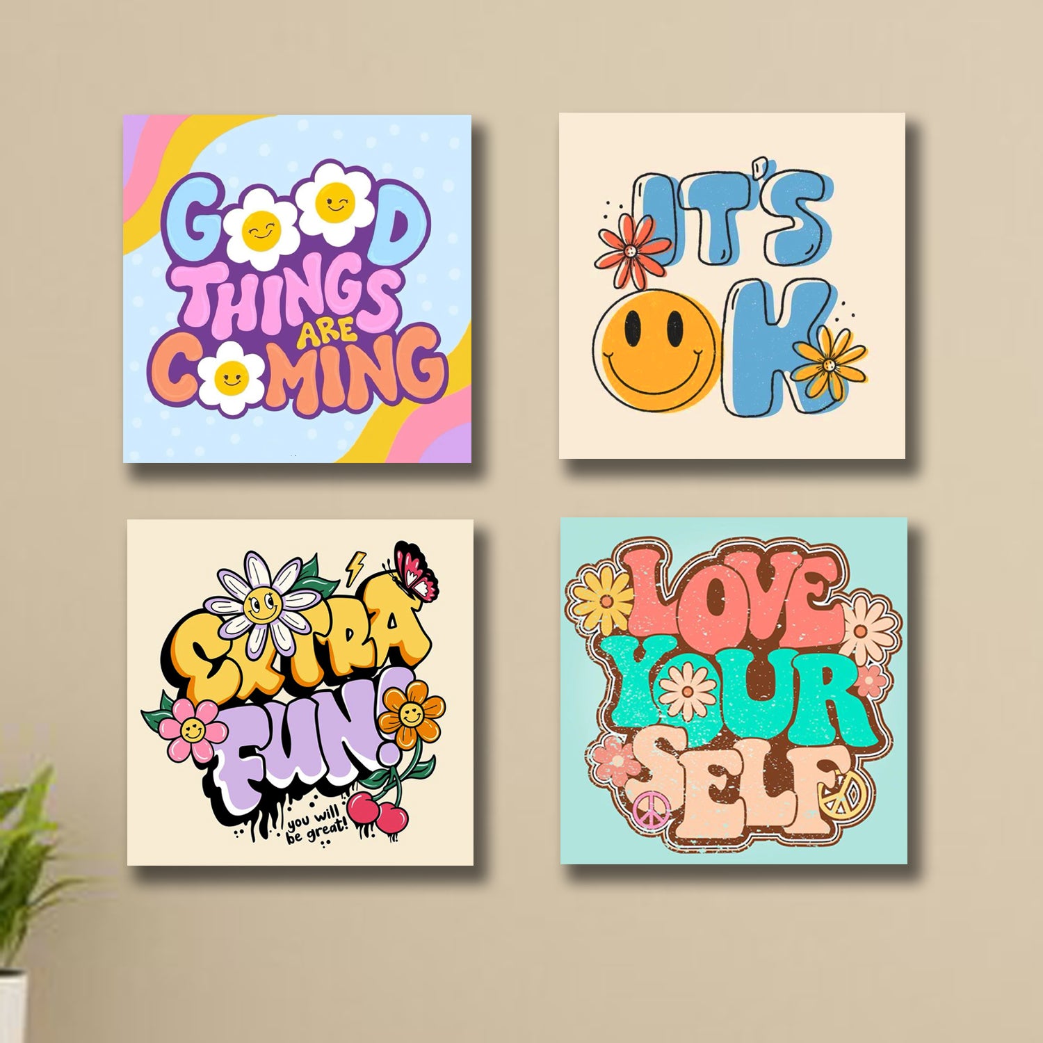 Pack of 4 Colourful Motivational Words Pictures Wooden Frames 8 by 8 inches Size for Kids and girls Room Wall Art Decoration / Sticky Phototiles