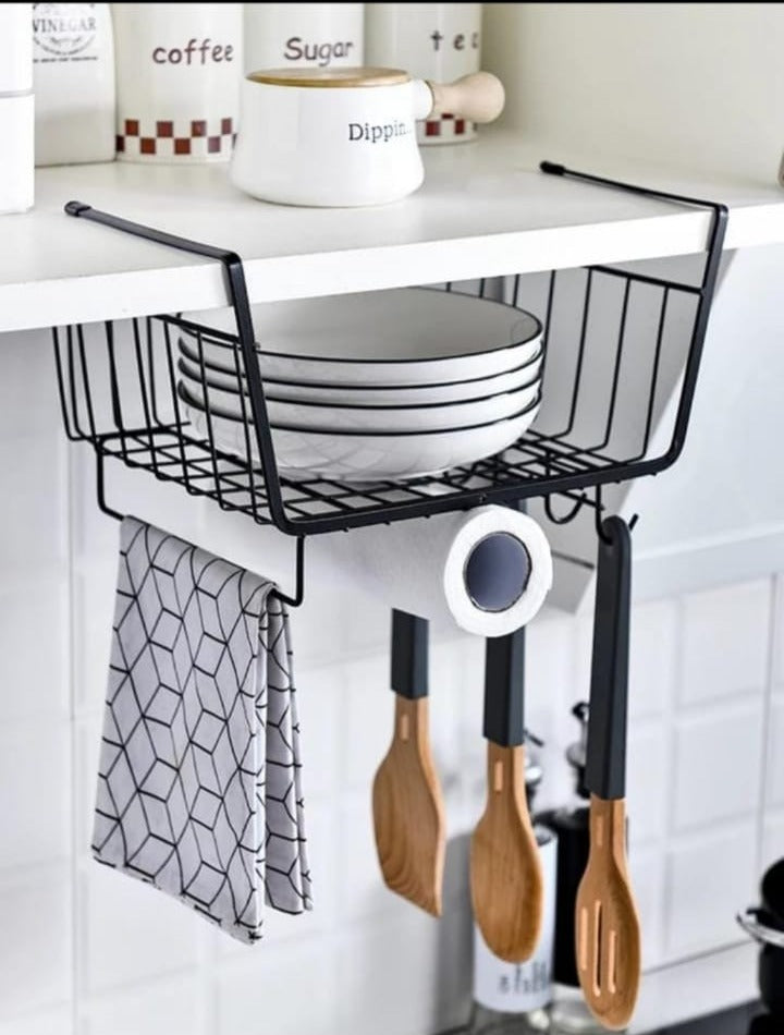 Heavy Quality 4 in 1 Under the Shelf Metal Storage Basket Kitchen Organizer, No Punching, Tissue Holder, Plates Organizer, Cups Holder, Towel Holder