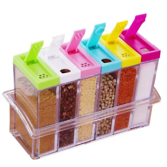 Spice Jars Dispenser Masala Rack Easy Flow Storage Crystal Seasoning Box Multicolour Set of 6