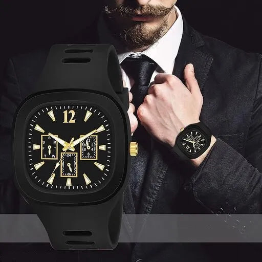 Stylish Black Silicone Strap Watch for Men with Square Dial