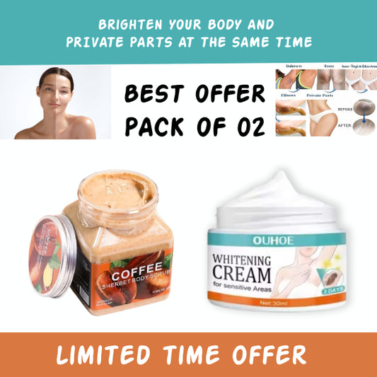 Pack Of 02 | WOKALI Coffee Sherbet Body Scrub 350ml And Whitening Cream 30ml  for Private Areas &amp; Private Part - Underarm