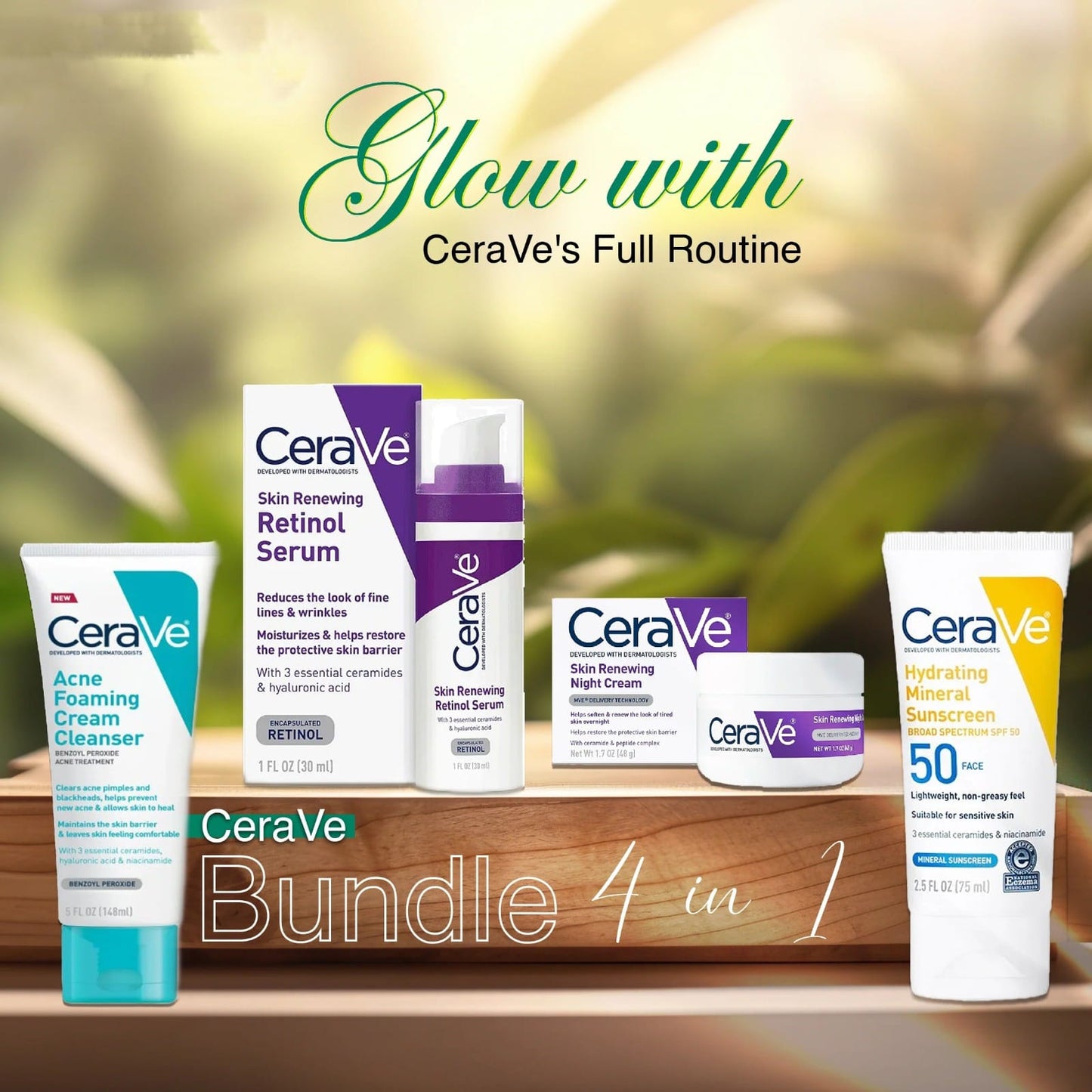 CeraVe 4-in-1 Skincare Bundle: Night Cream, Sunblock, Cleanser &amp; Serum for Radiant Skin