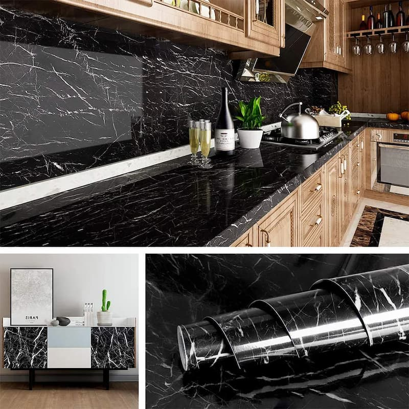 Self-Adhesive Kitchen Marble Sheet- Waterproof Heat Resistant Sheet for Living Room, Bathroom, Kitchen Counter tops Black Sheet