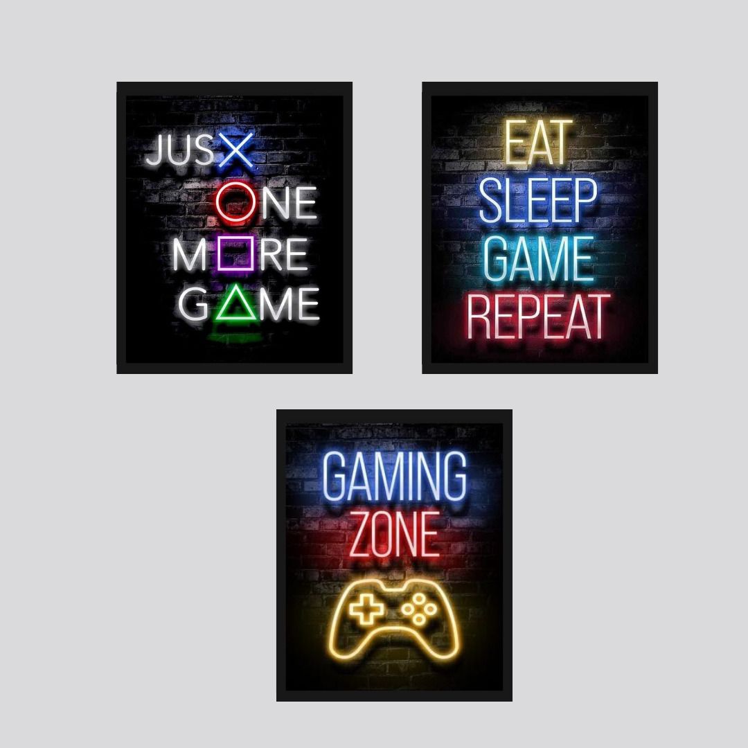 Set of 3 gaming text neon wall frames / Wall frame for room decoration