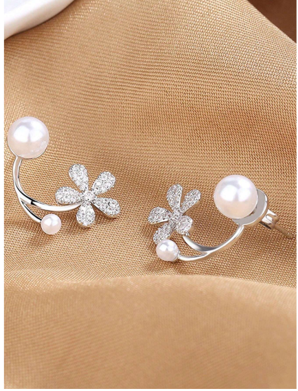 Korean zircon flower pearl front back earrings  for girls