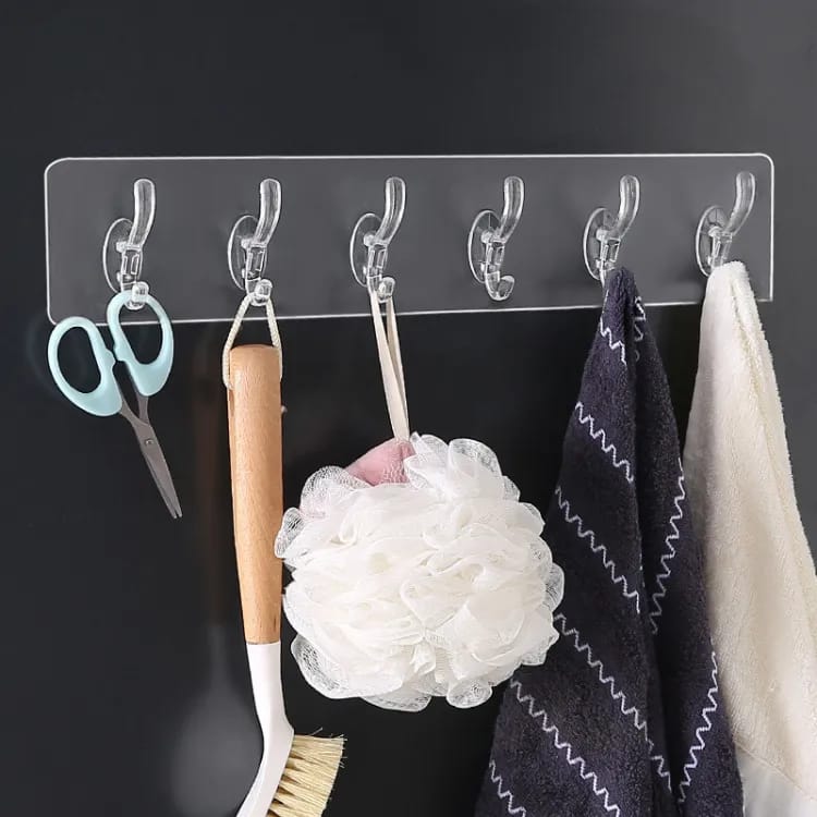 (Pack of 3 6 Row Transparent Wall Hooks Self Adhesive Clothes Coat Door Hanger Towel Key Holder Bathroom Kitchen Storage Sticker Hook