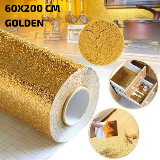 Golden Foil Kitchen Wallpaper Stickers, Peel &amp; Stick Aluminum Foil Wall Paper, Self-Adhesive Oil Proof Waterproof Sticker for Kitchen (Size: 60*200CM)