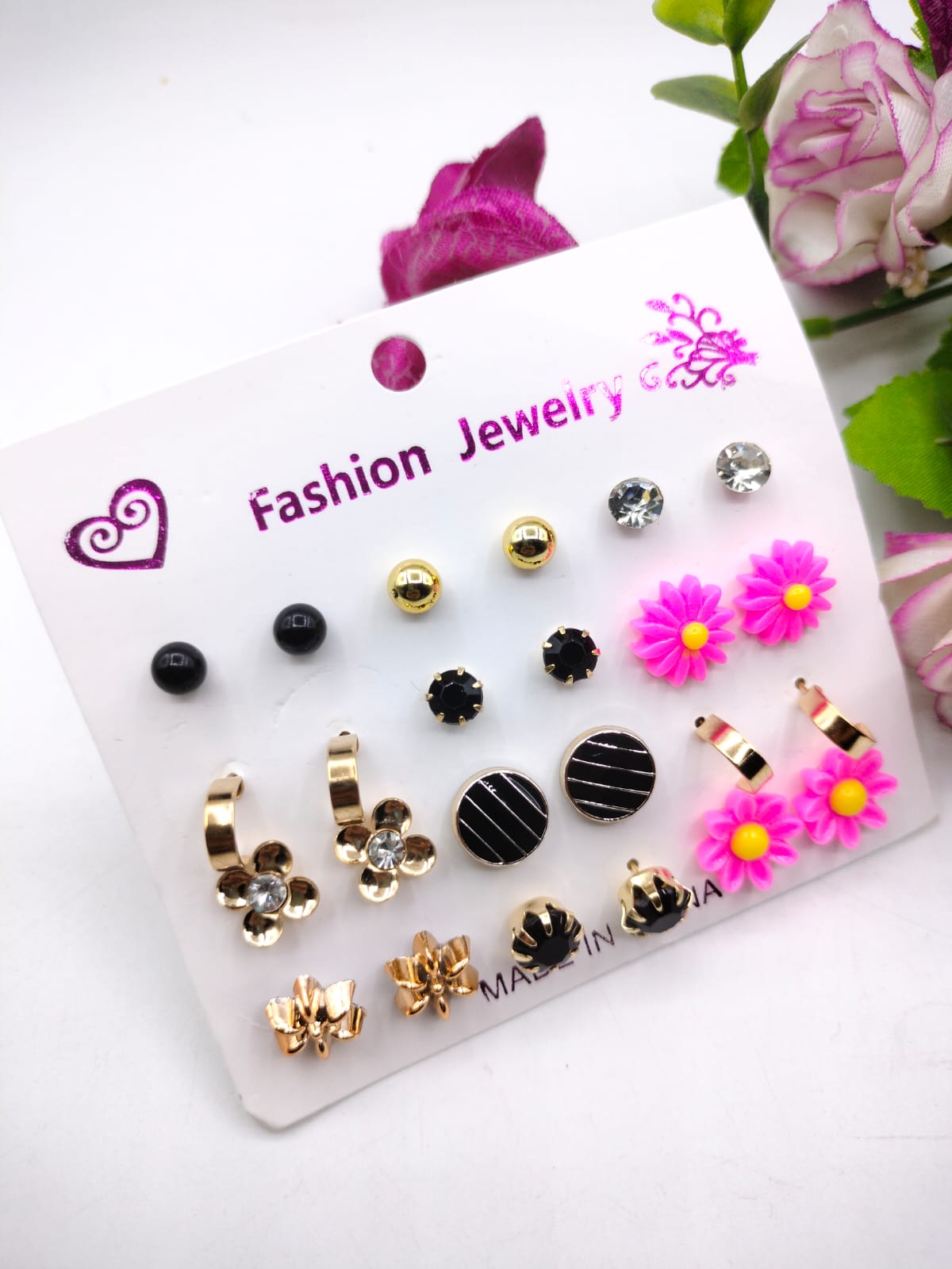 (12 x Studs Pair) Trendy Artificial Stones Ear Studs - Pink Sun Flower