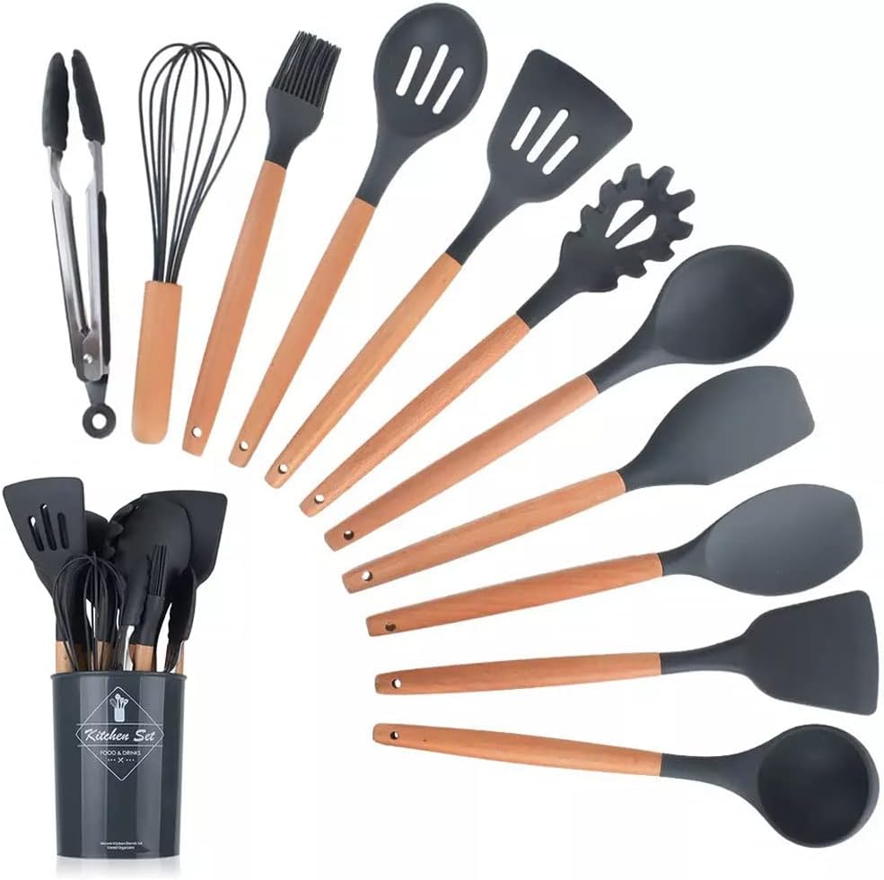 12 Pcs Silicone Cooking Utensils Kitchen Utensil Set | Heat Resistant Kitchen Non toxic Spatula Set with Turner Tongs,Spoon,Brush,Whisk-Wooden Handle