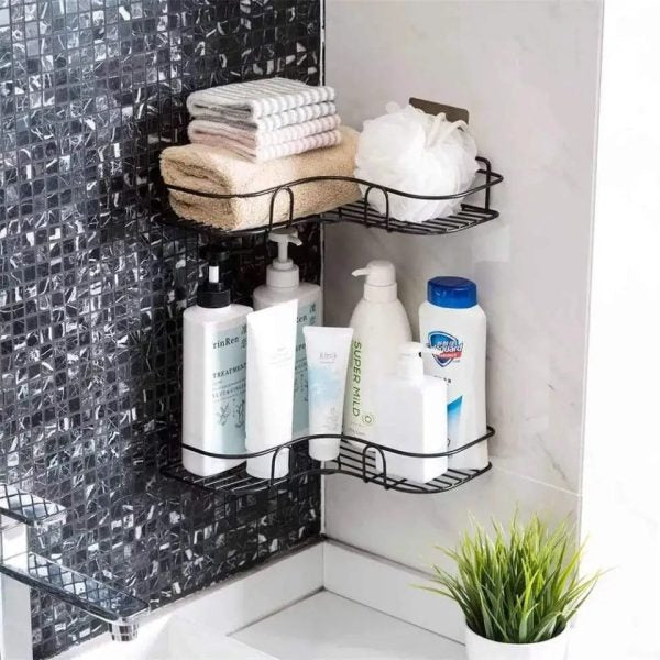 Metal Corner Rack For Bathroom &amp; Kitchen | Shelf Organize | Wall Mount Bathroom Accessories (with 2 Hooks included)