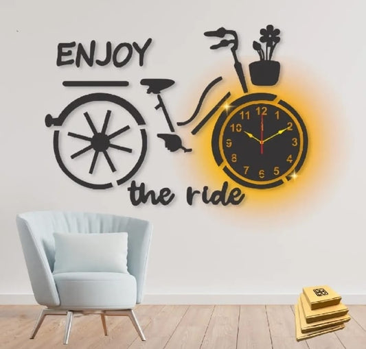 enjoy the ride  bicycle style Wooden Clock with light 3d wall clock