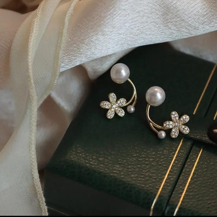 Korean zircon flower pearl front back earrings  for girls