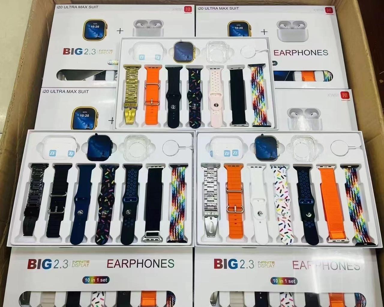 I20 Ultra Max suit Smart Watch 10 in 1 box 2.3inch large screen with 7 multi mix Straps With Airpords 2