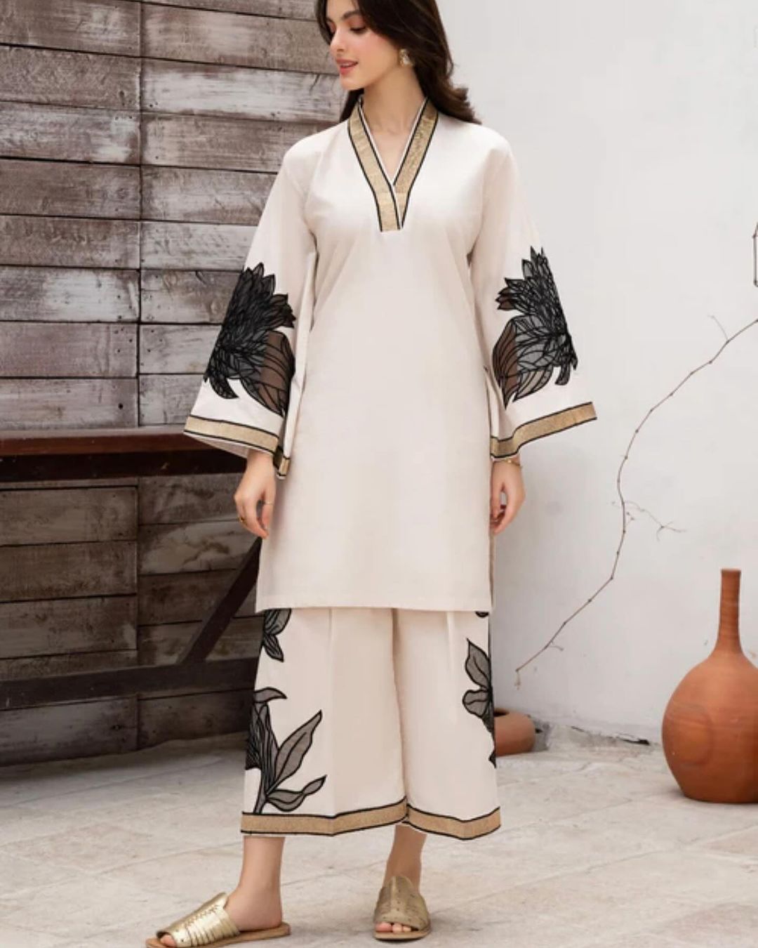 2Pc Almond EMBROIDERY Shirt With Almond EMBROIDERY Plazo