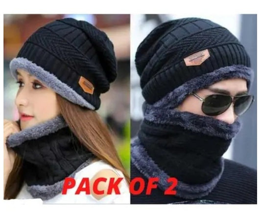 Couple Pack of 2 Combo - woolen winter beanie Head cap with neck warmer muffler for men and women