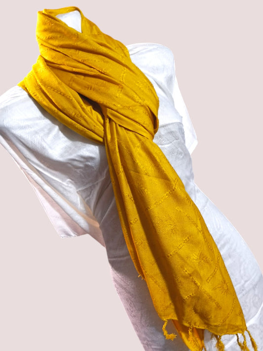 Staple Wool Self Printed Shawl - Mustard Color