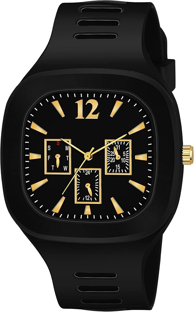 Stylish Black Silicone Strap Watch for Men with Square Dial