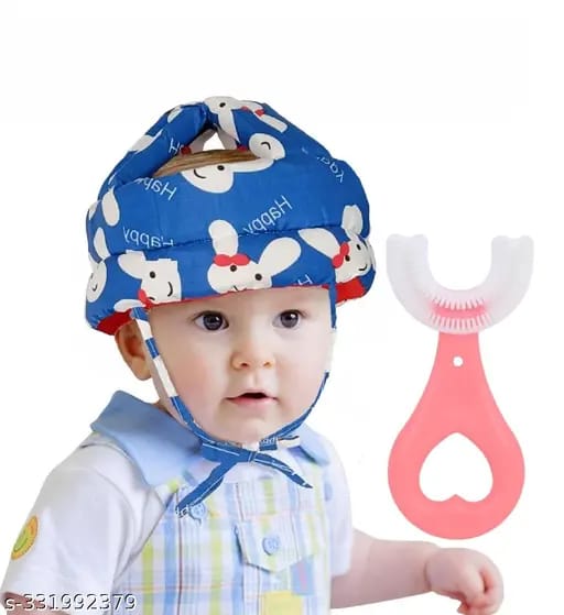 Baby Head Protector Crawling - Baby Safety Helmet &amp; amp Walking Helmet + 360 Degree U-shaped Baby Toothbrush 2 Pcs Baby Care Essentials (Random Color/Design)