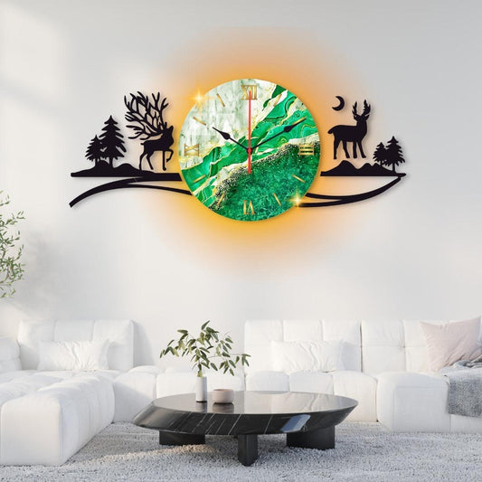 DEERS IN FOREST AND MOUNTAIN SCENIC WALL CLOCK for Home and Offices