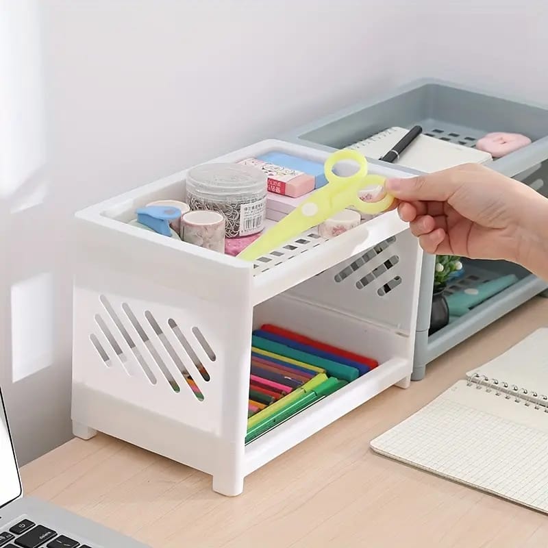 Desktop Double-Layer Plastic Storage Holder Rack Cosmetic Box Kitchen Bathroom Desk Shelf Organizer Office Supplies Stationery (Random Color)