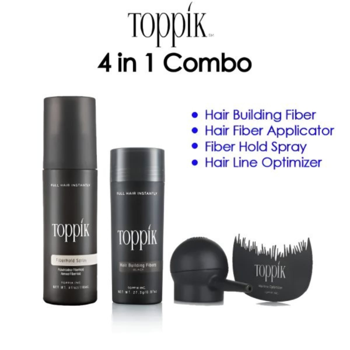 Toppik Hair Building Fiber 4-in-1 Combo Pack. This set includes Toppik Hair Fiber, Fiber Hold Spray, a Spray Applicator Pump, and a Hairline Optimizer Comb