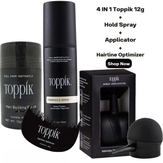 Toppik Hair Building Fiber 4-in-1 Combo Pack. This set includes Toppik Hair Fiber, Fiber Hold Spray, a Spray Applicator Pump, and a Hairline Optimizer Comb