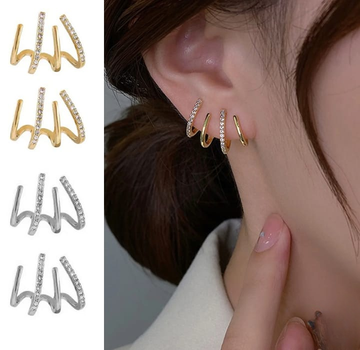 W Shape Zircon Korean Earring Cuff Earrings that Look Like Multiple Piercings for Women