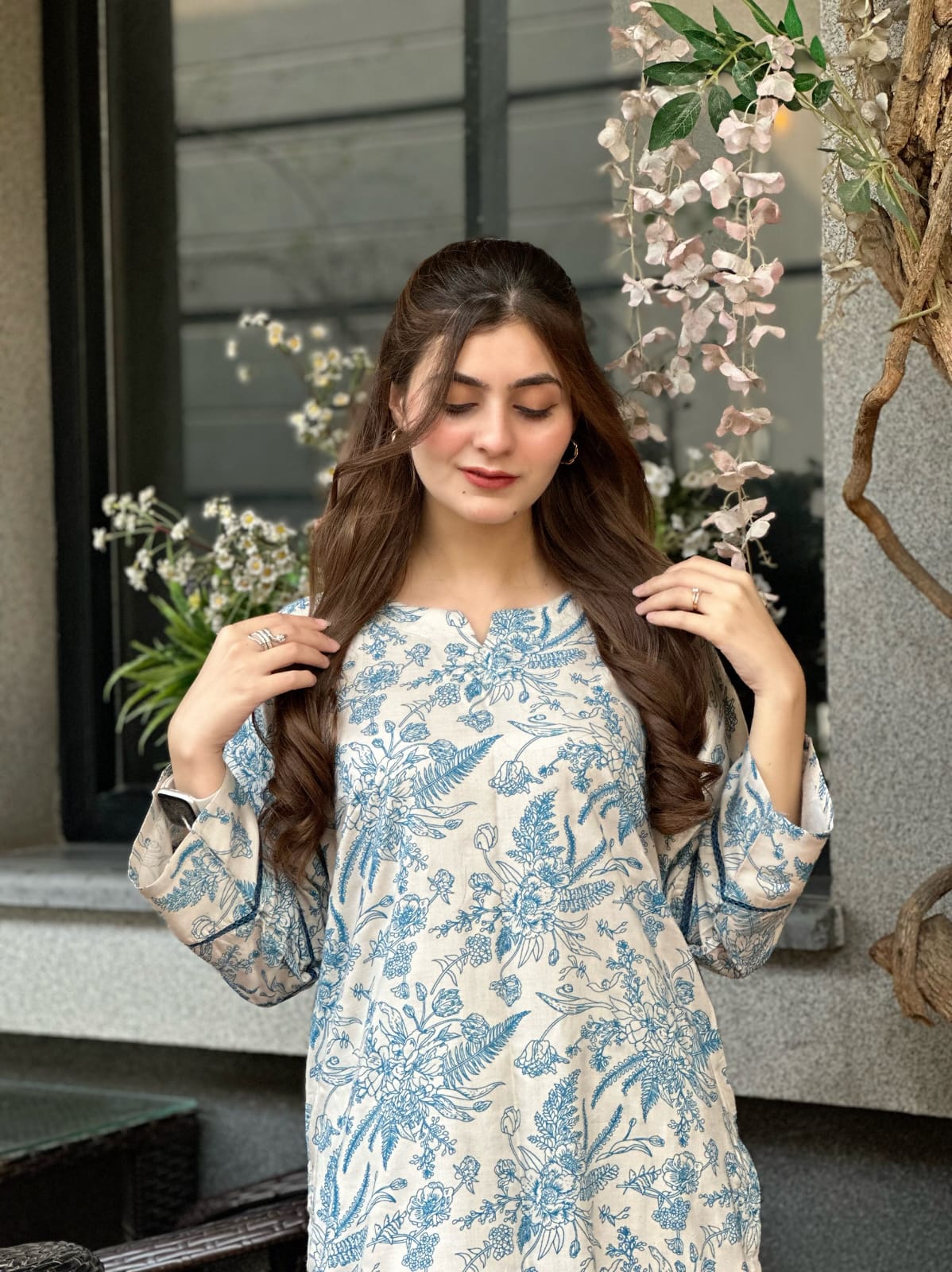 2pcs Stitched Suit Stone Winter linen Suit WINTER COLLECTION blue flower printed suit