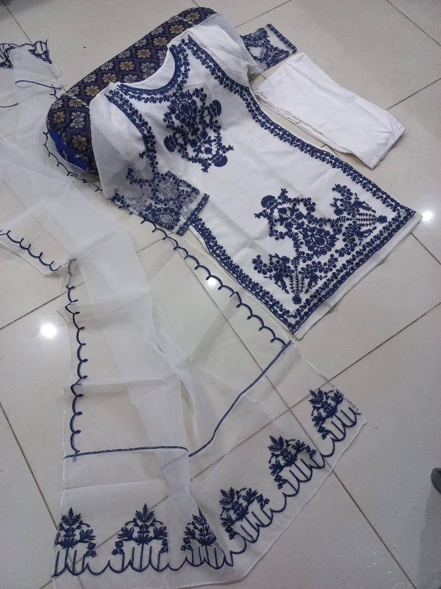 3PCs Front Heavy Embroidery Shirt With Frill Style Embroidered Dupatta