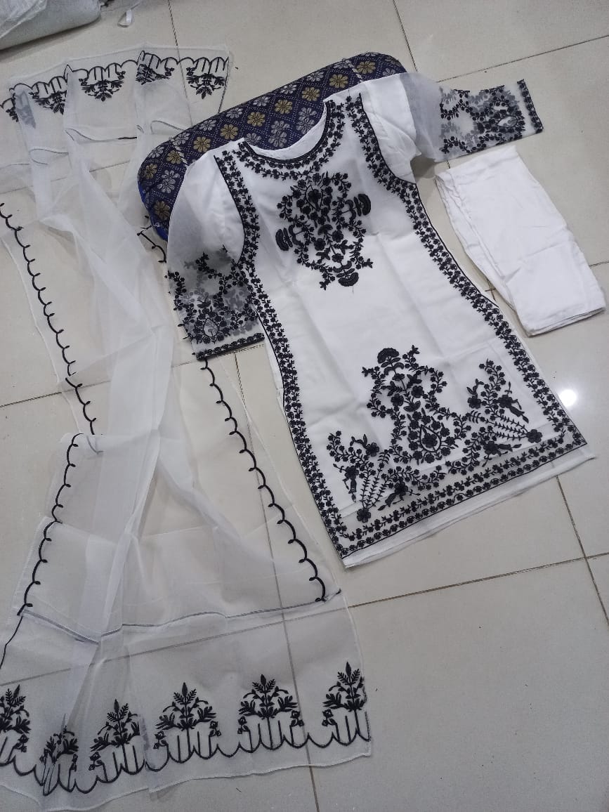 3PCs Front Heavy Embroidery Shirt With Frill Style Embroidered Dupatta