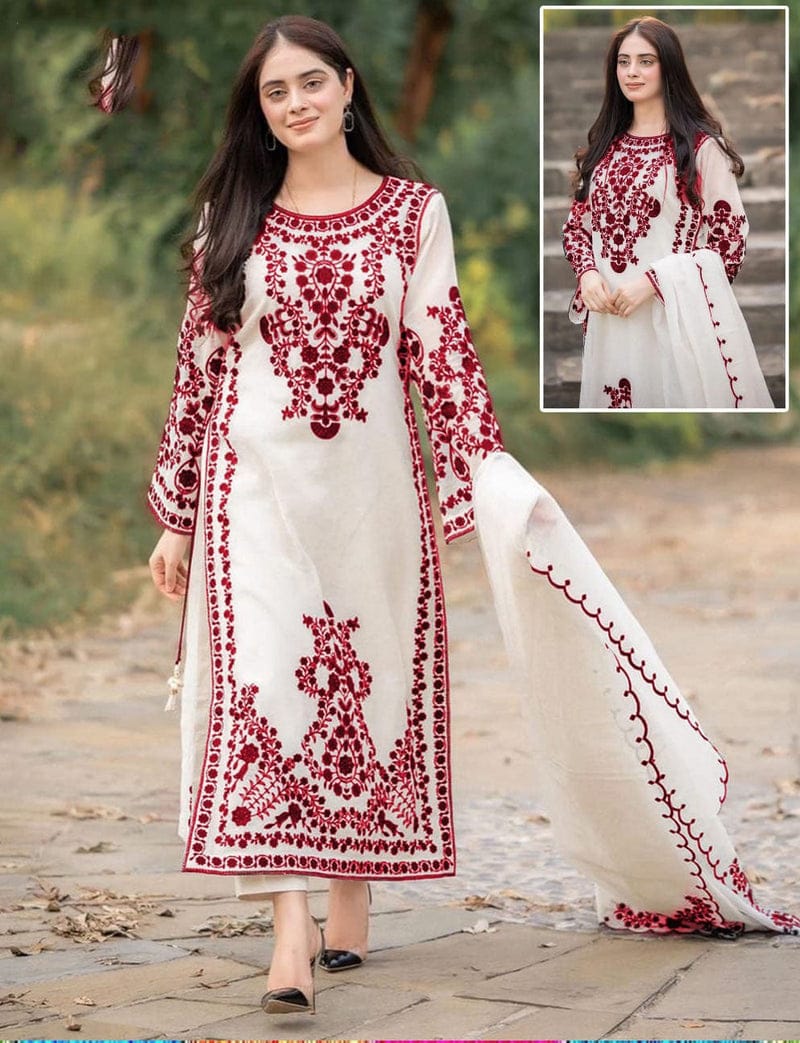 3PCs Front Heavy Embroidery Shirt With Frill Style Embroidered Dupatta