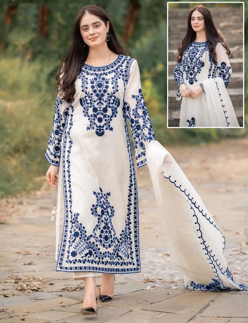 3PCs Front Heavy Embroidery Shirt With Frill Style Embroidered Dupatta