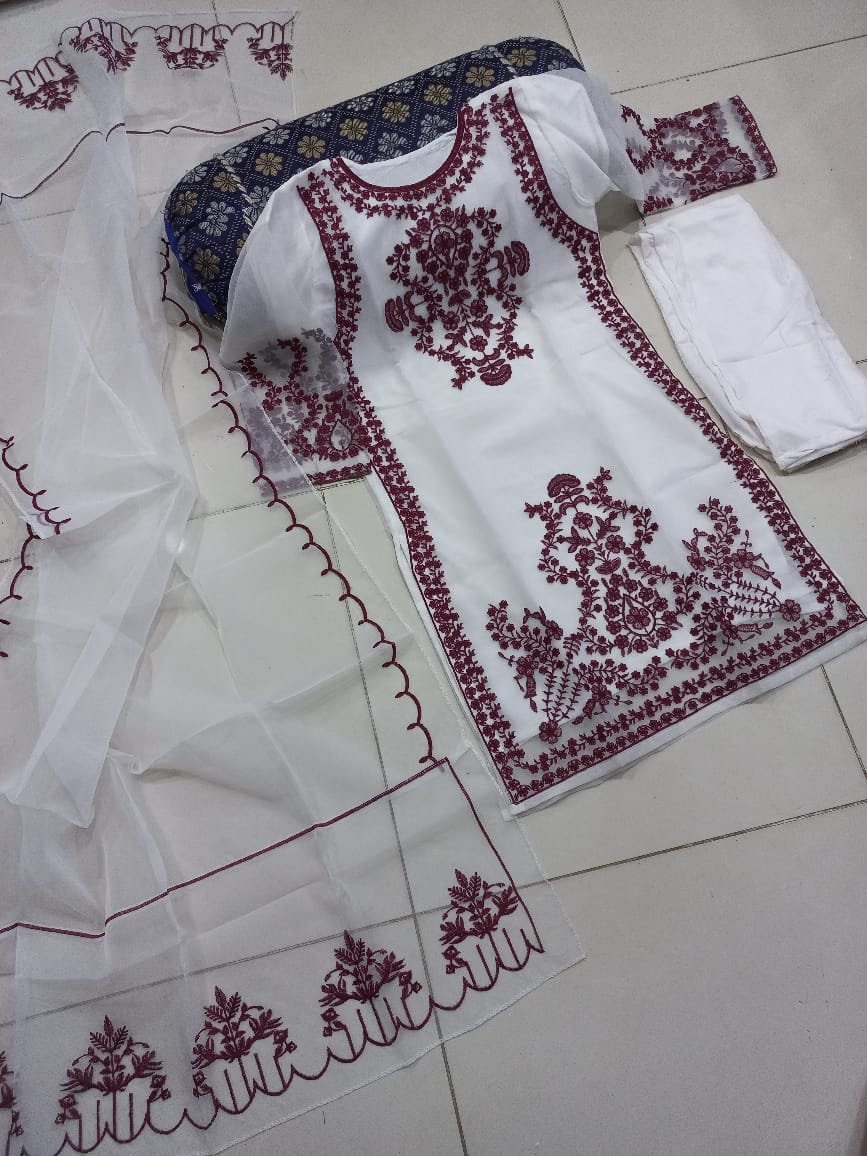 3PCs Front Heavy Embroidery Shirt With Frill Style Embroidered Dupatta