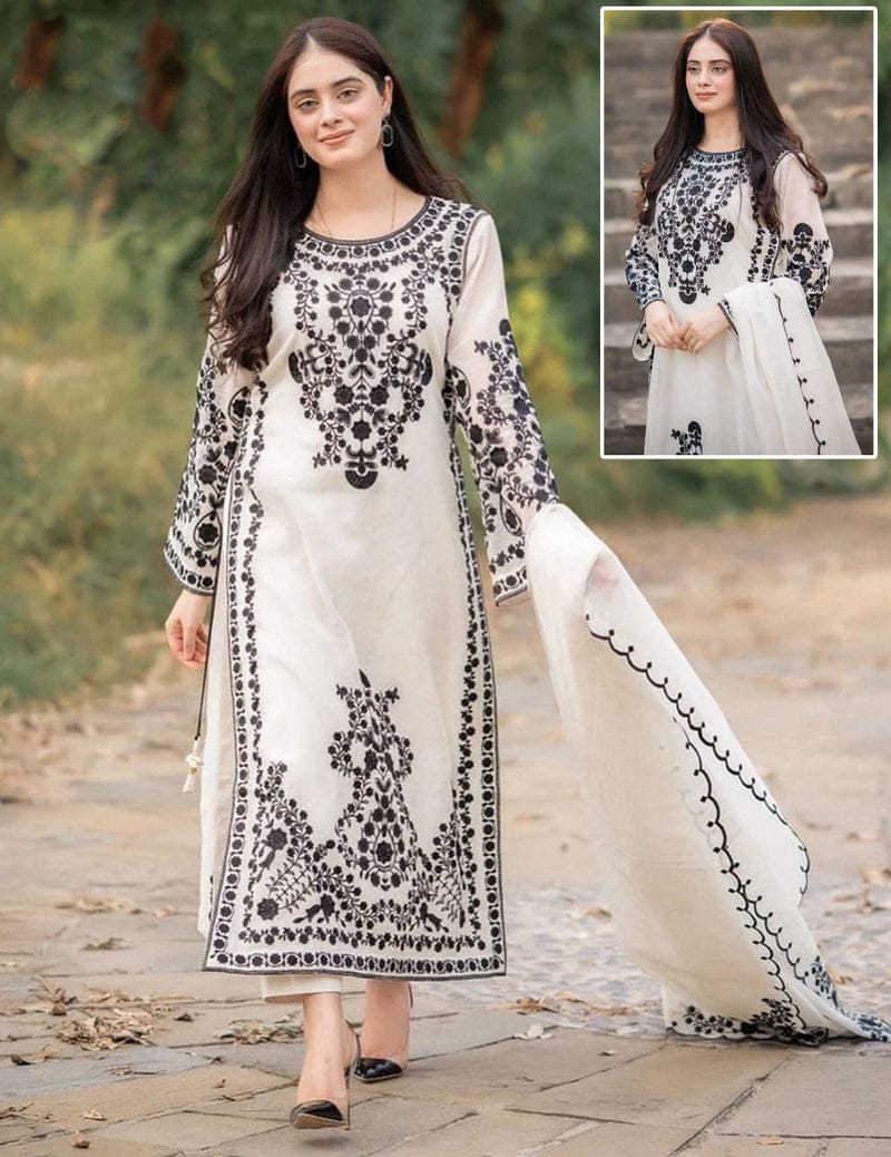 3PCs Front Heavy Embroidery Shirt With Frill Style Embroidered Dupatta