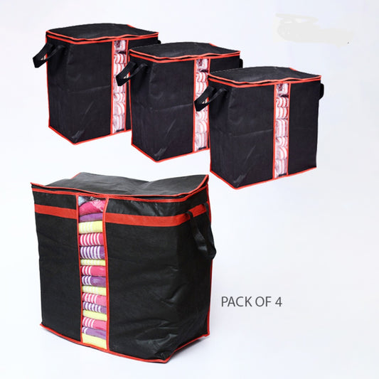 Pack of 4 Black Storage Blanket Bag Organizer Folding Bag Organizer, Cloth Storage Boxes for Wardrobe. (Good Quality)