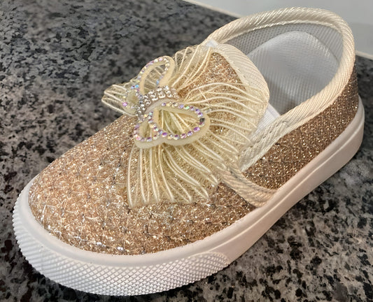 ( Golden ) Butterfly Loafers Style Baby Shoes | Fancy Baby Shoes | Shoes For Kids | Best Quality Fancy Shoes For Babies | Butterfly Loafer Design Shoes