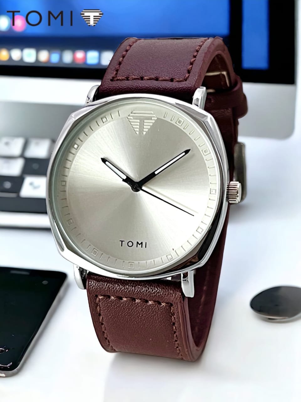 Aa1  Quartz Swiss  TOMI Made Stylish Watch For boys and girls, leather strap ,(silver dial )With box