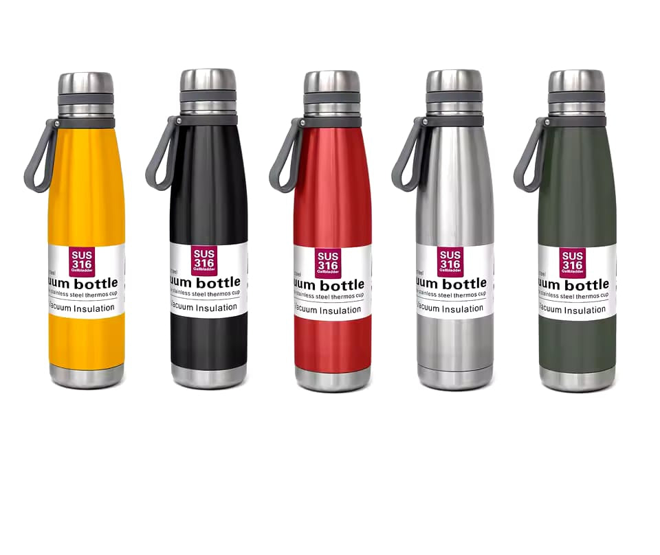 Insulated Vacuum Water Bottle with Strap, Stainless Steel, Double Wall Thermos for Hot &amp; Cold Drinks ( Random Color )