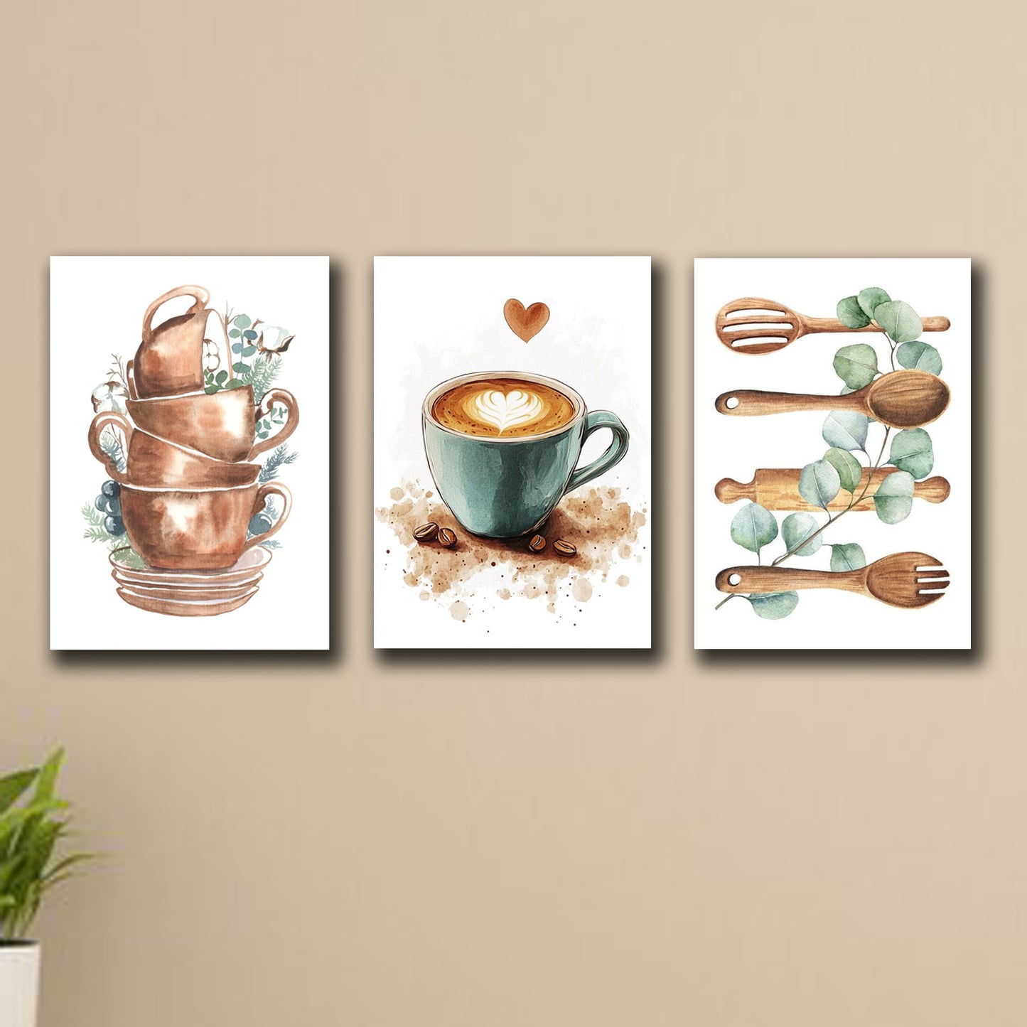 Set of 3 Wall Art Sticky Wooden Canvas Frames for Dining Room and Kitchen Decor / Sticky Photo Tiles