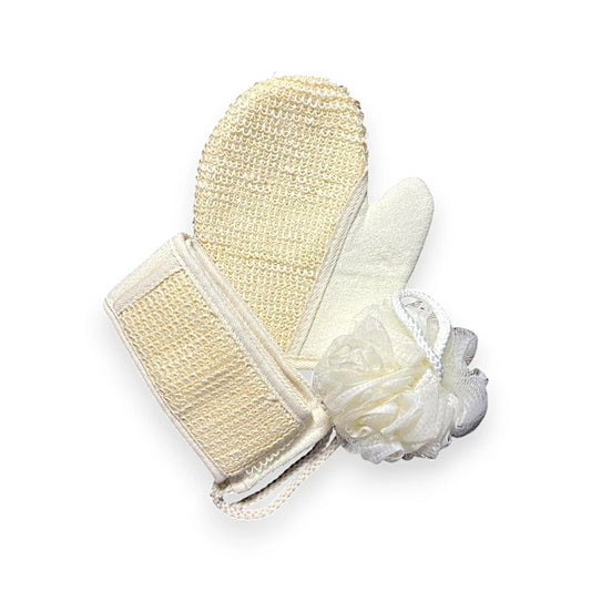 Exfoliating Bath Set: Loofah Gloves, Back Scrubber Belt &amp; Loofah Sponge - Bathing Combo