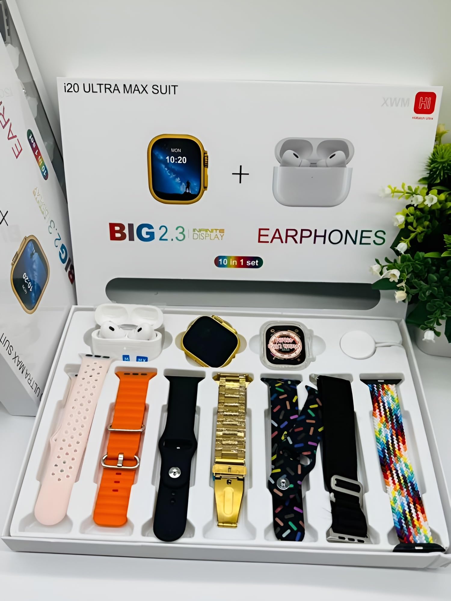 i20 Ultra MAX Smart Watch | Premium Quality | 2.3 '' Big Display Screen | Watch for Men &amp; Women | Watch for Kids | Watch for Boys | Airpods &amp; 7 Straps in Box | 10 in 1 (Random color)