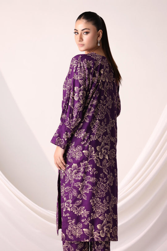 flower printed suit pcs Stitched Suit Stone Winter linen Suit WINTER COLLECTION (purple)