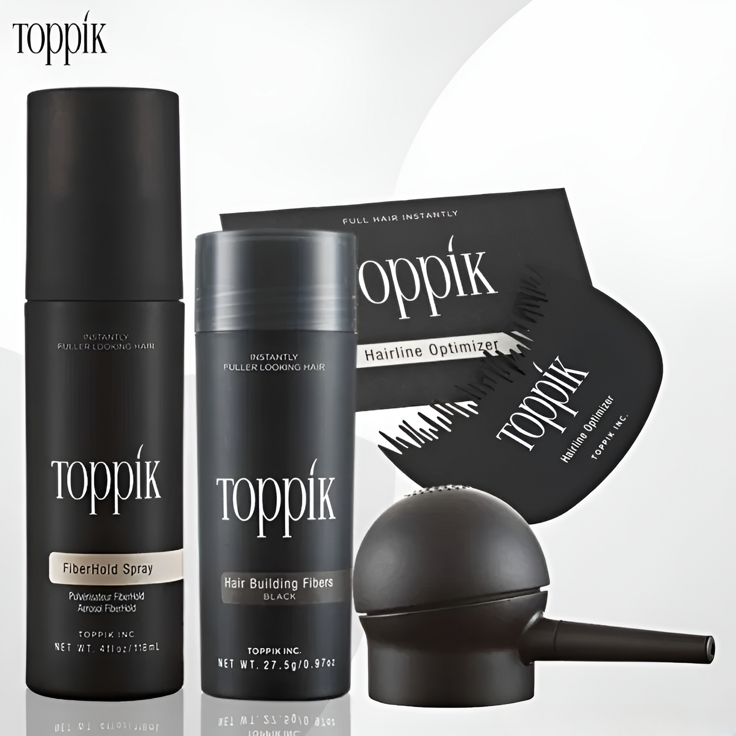 Toppik Hair Building Fiber 4-in-1 Combo Pack. This set includes Toppik Hair Fiber, Fiber Hold Spray, a Spray Applicator Pump, and a Hairline Optimizer Comb